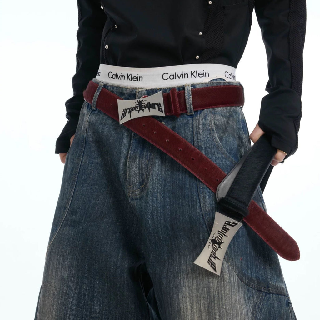 Argue Culture Horsehair Leather Belt Vintage Metal Plate Waist Belt