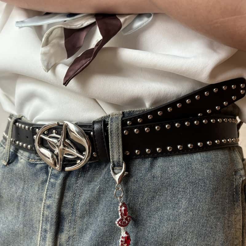 Black Vintage Belt Metal Buckle Studded Cowhide Leather Waist Belt