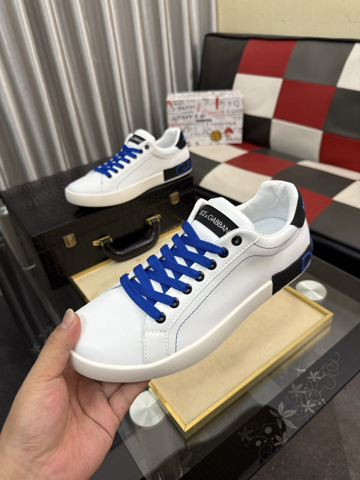 Dolce & Gabbana White Low-Top Sneakers with Blue Laces