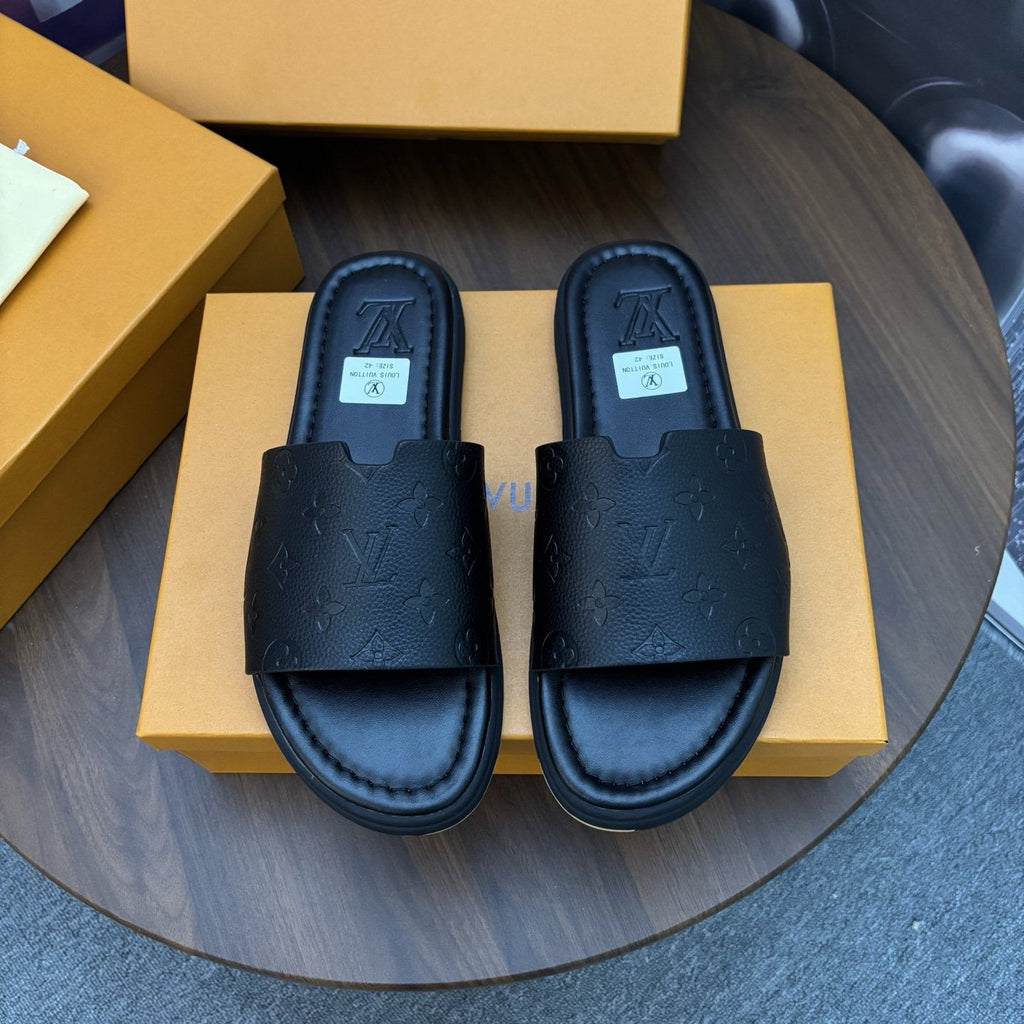 Louis Vuitton Men's Black Embossed Strap Slide Sandals