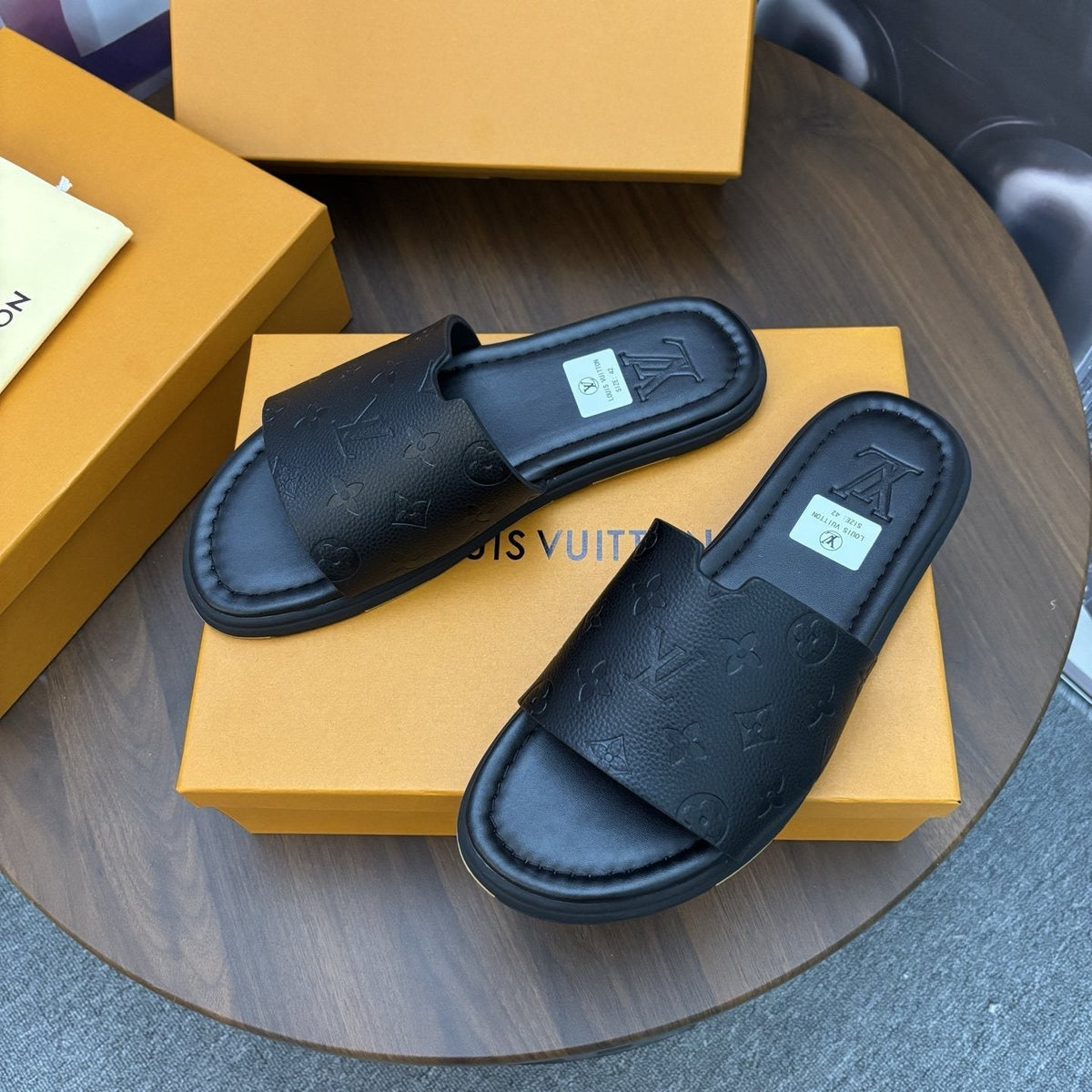 Louis Vuitton Men's Black Embossed Strap Slide Sandals