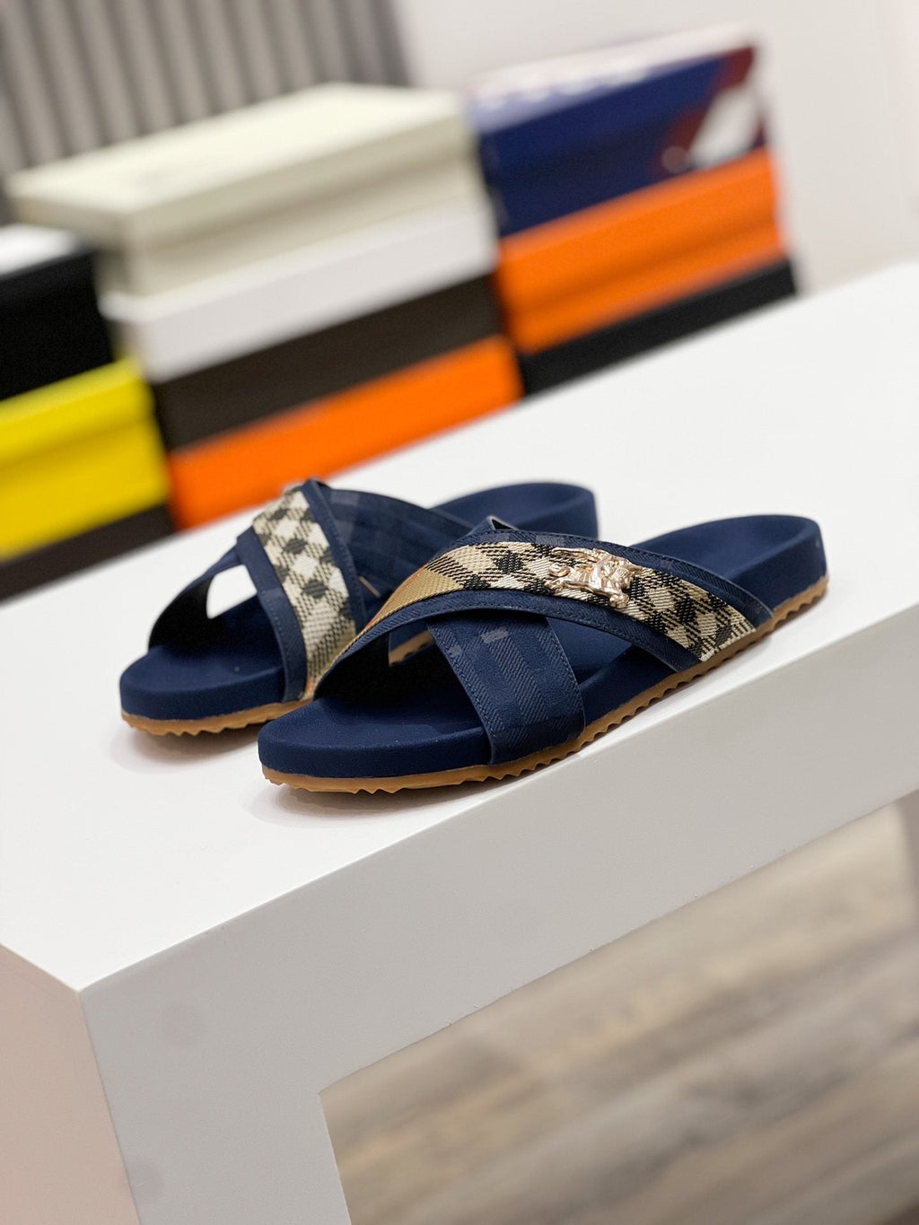 Burberry Men's Check Cross-Strap Slide Sandals