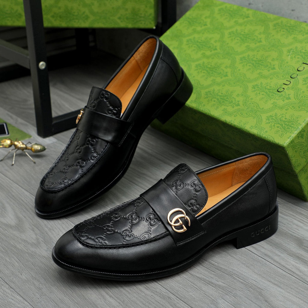 Gucci Black Embossed Loafers with Gold-Tone Detail