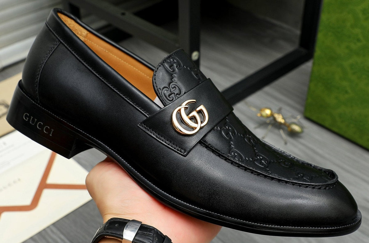 Gucci Black Embossed Loafers with Gold-Tone Detail